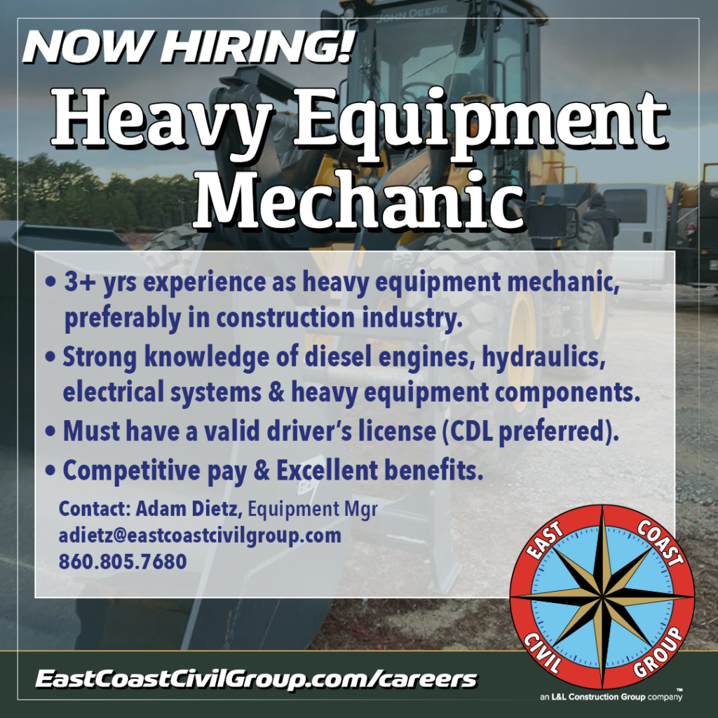 East Coast Civil Group seeks to hire a Heavy Equipment Mechanic with 3 or more years of experience.