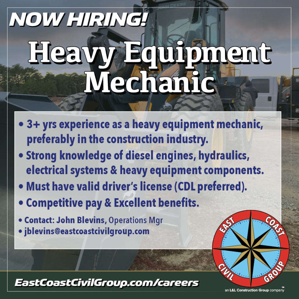 East Coast Civil Group is hiring to fill a position for Heavy Equipment Mechanic.