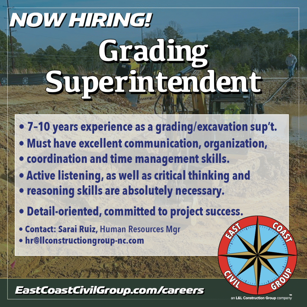 East Coast Civil Group is hiring to fill an immediate job opening for a Grading Superintendent in central North Carolina.