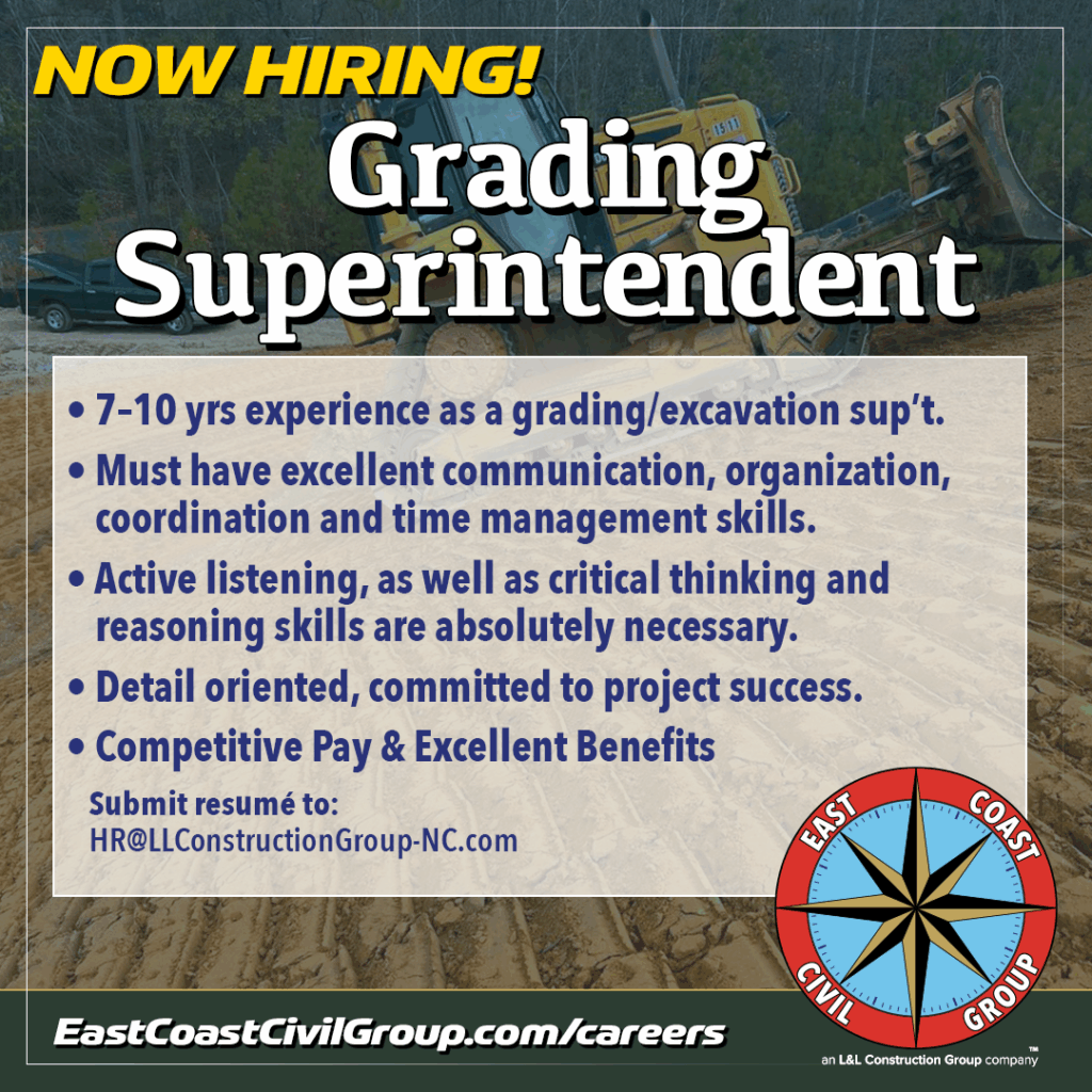 East Coast Civil Group is hiring to fill an immediate job opening for a Grading Superintendent in central North Carolina.